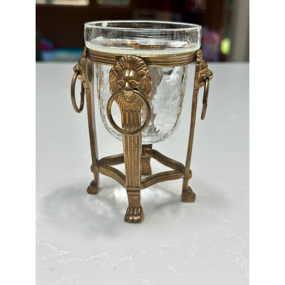 Vintage Brass Lion Head Crackle Glass Votive Candle Holder Trinket Claw Feet